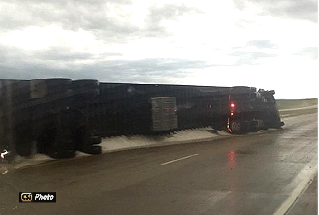 Semi tipped on I-94 between Valley City & Jamestown.  CSi photo