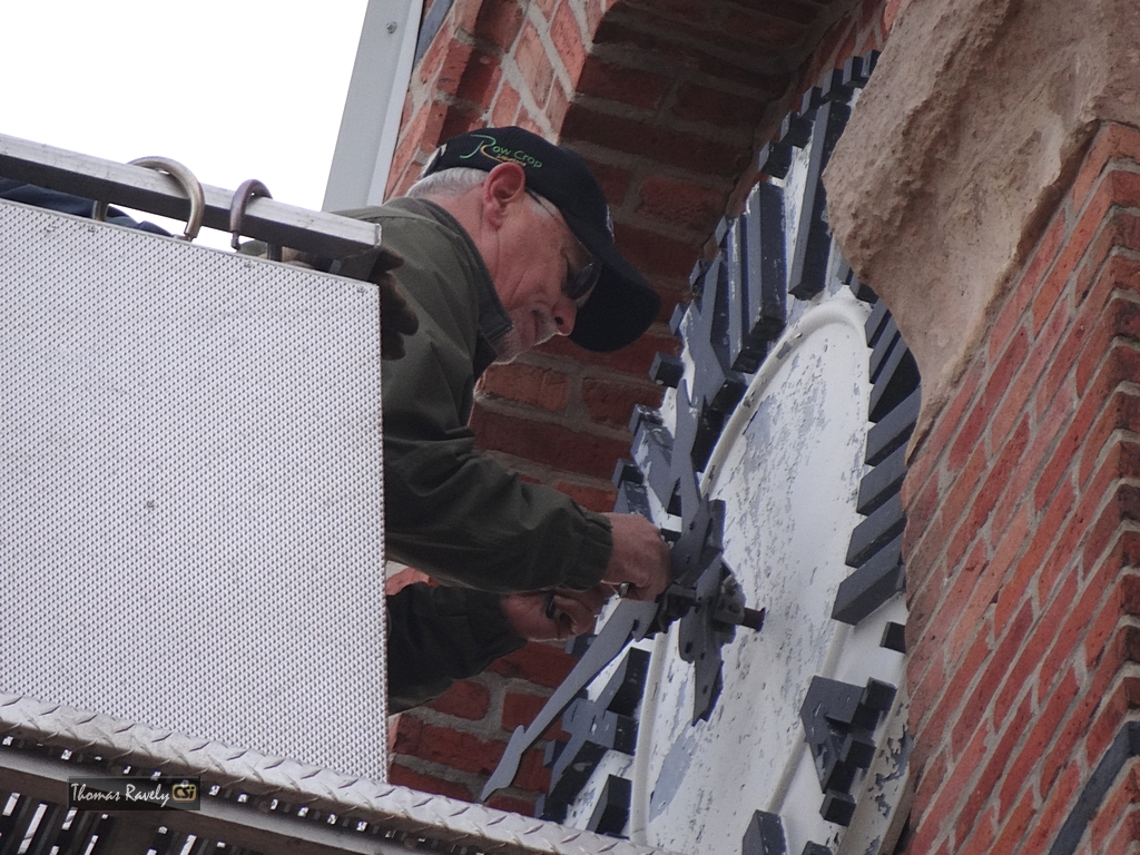 Historic 1883 Stutsman County Courthouse clock repair.  CSi Photos.