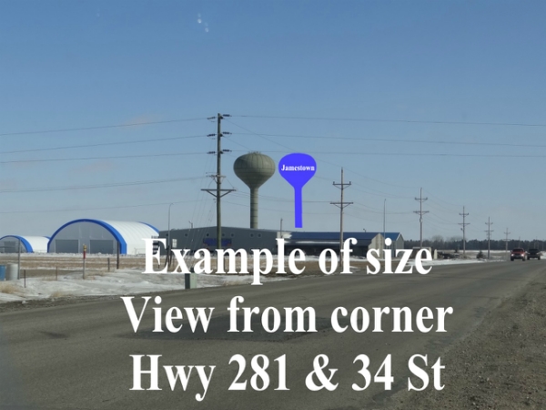 Photoshop of a blue tower with word Jamestown in white at .37 mile